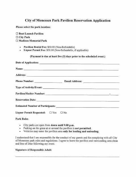 First page of the Park Pavilion Reservation Application