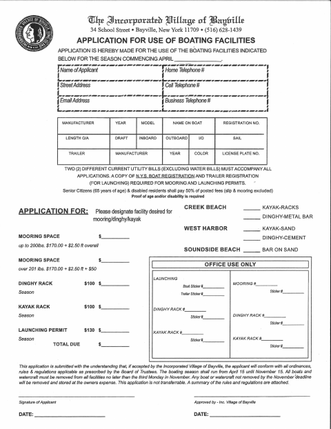First page of the Application for Use of Boating Facilities
