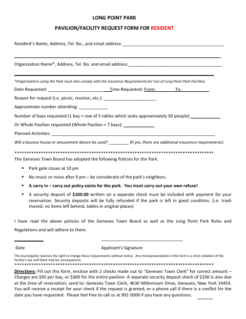 First page of the Long Point Park Pavilion and Facility Request Form for Residents