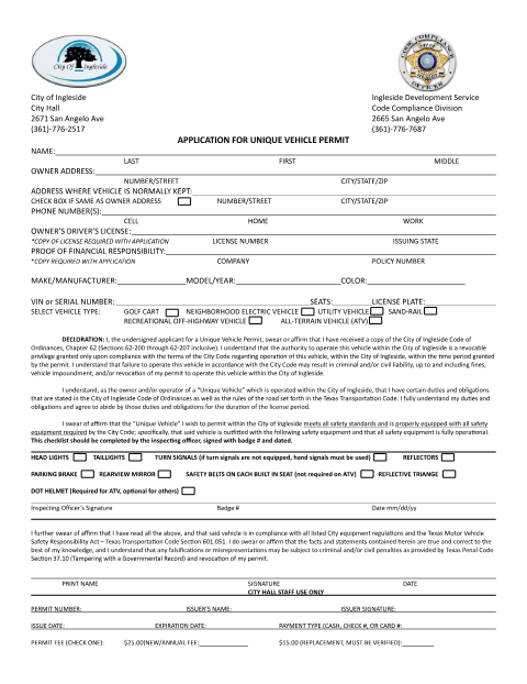 First page of the Application for Unique Vehicle Permit