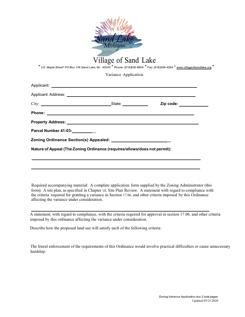 First page of the Zoning Variance Application