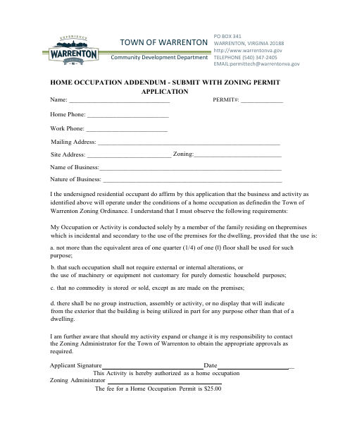 First page of the Home Occupation Addendum