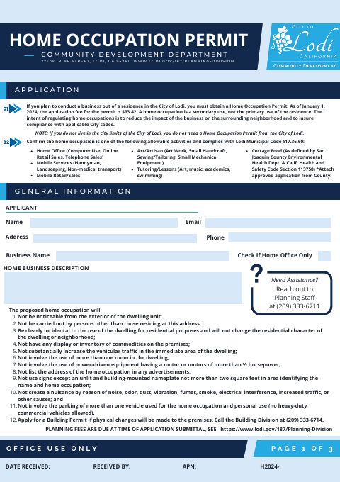 First page of the Home Occupation Permit Application