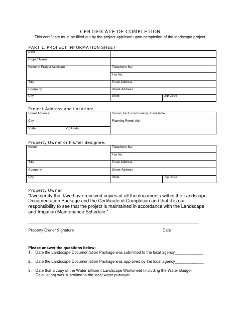 First page of the Certificate of Completion