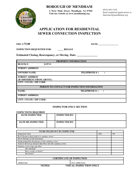 First page of the Application for Residential Sewer Connection Inspection