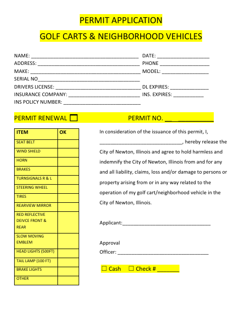 First page of the Golf Cart and Neighborhood Vehicle Permit Application