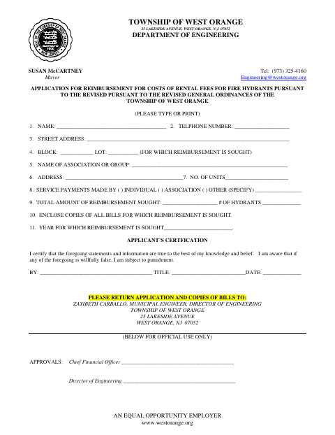 First page of the Application for Reimbursement for Costs of Rental Fees for Fire Hydrants