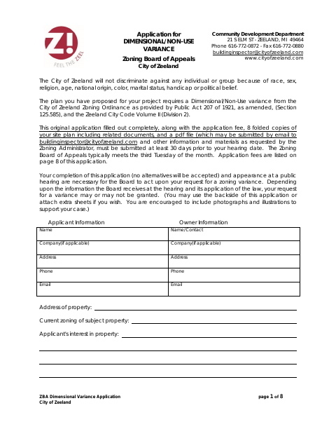 First page of the ZBA Dimensional Variance Application