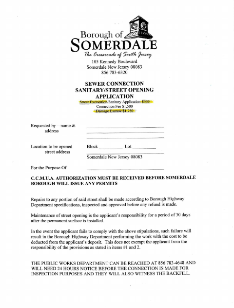 First page of the Sewer Connection/Street Opening Application