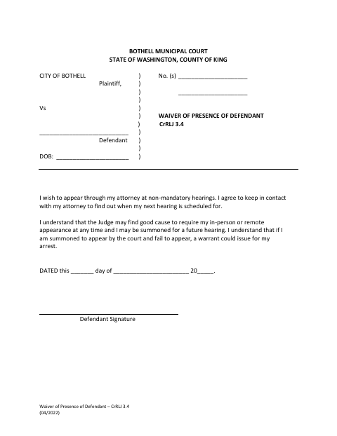 First page of the Waiver of Presence of Defendant