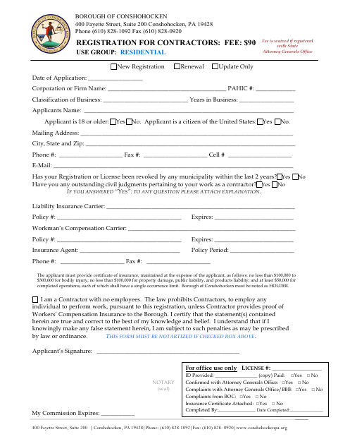 First page of the Residential Contractor Registration