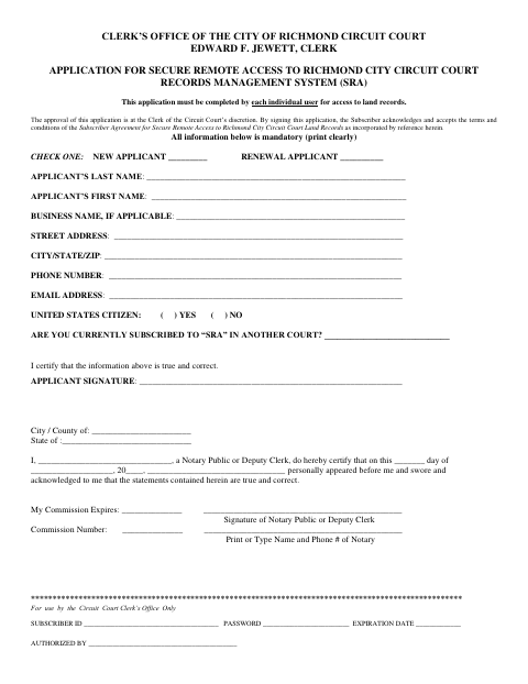 First page of the Application for Secure Remote Access to Circuit Court Records