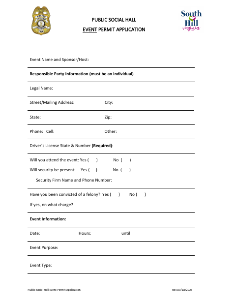 First page of the Public Social Hall Event Permit Application