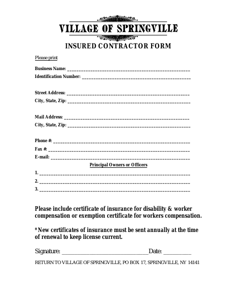 First page of the Insured Contractor Form