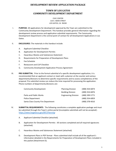 First page of the Development Review Application Package