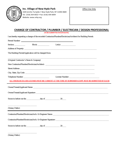 First page of the Change of Contractor, Plumber, Electrician or Design Professional