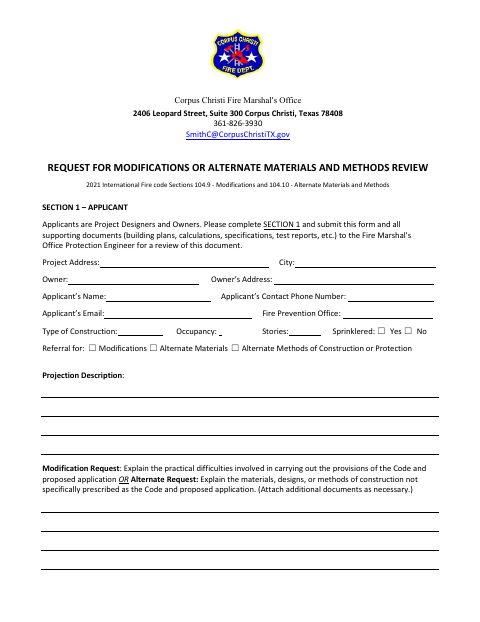 First page of the Request for Modifications or Alternate Materials and Methods Review