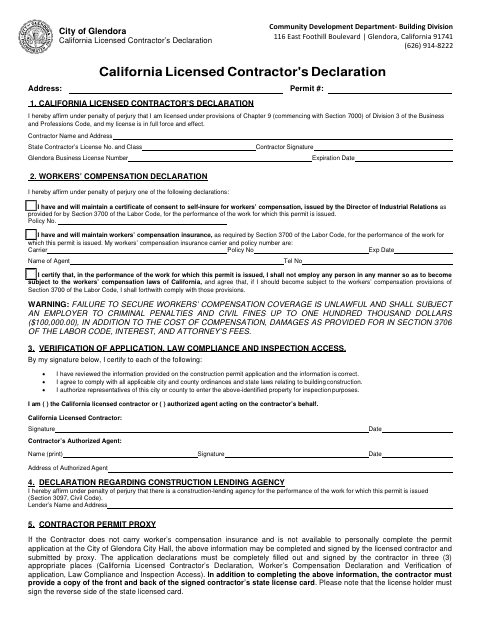 First page of the California Licensed Contractor’s Declaration