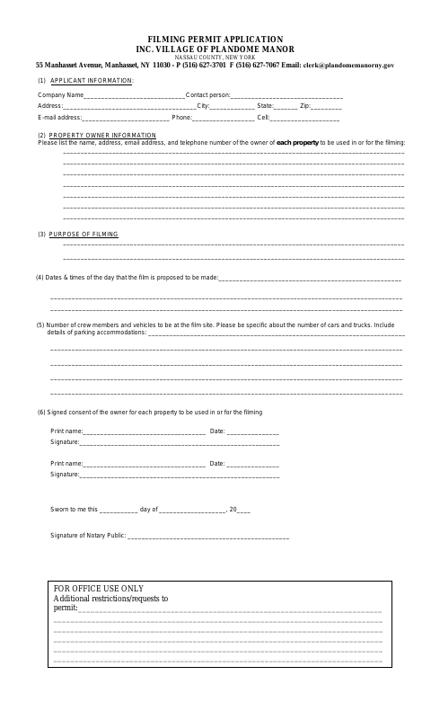First page of the Filming Permit Application