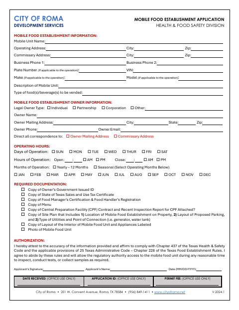 First page of the Mobile Food Establishment Application
