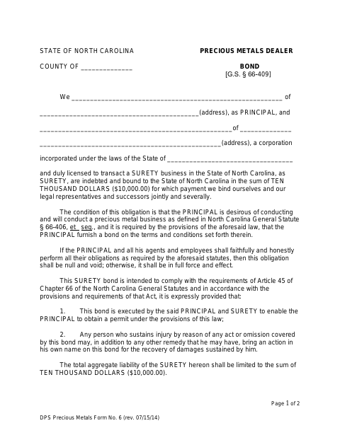 First page of the Precious Metals Dealer Bond