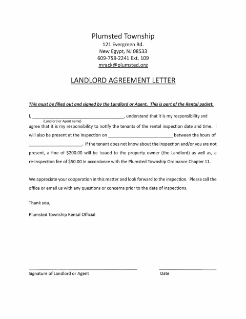 First page of the Landlord Agreement Letter