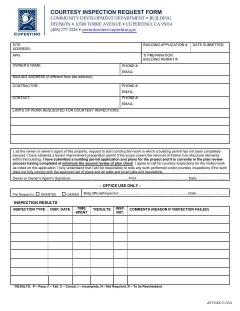 First page of the Courtesy Inspection Request Form