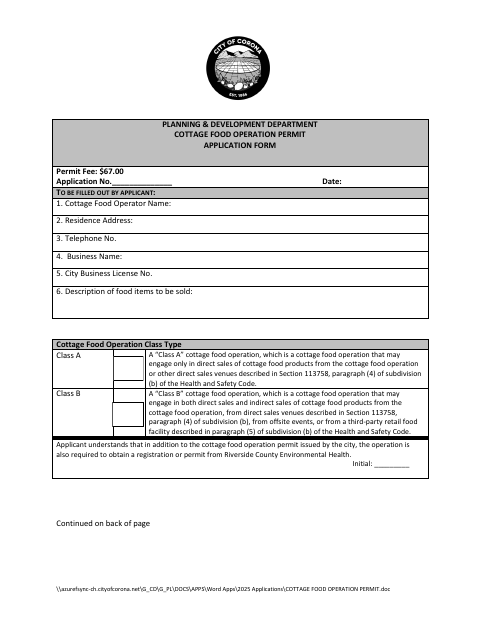 First page of the Cottage Food Operation Permit Application Form