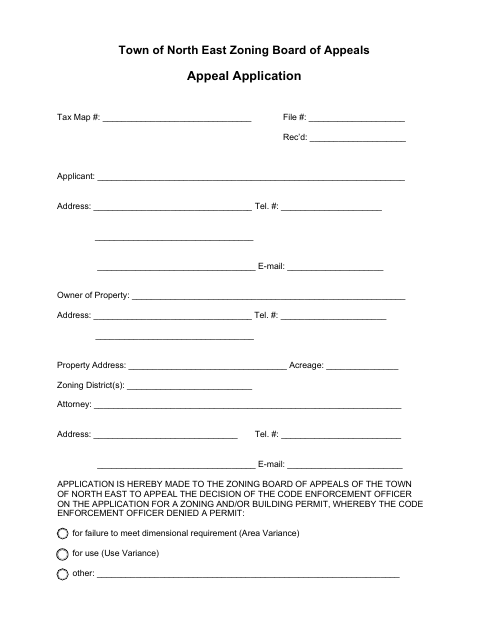 First page of the Zoning Board of Appeals Appeal Application Form