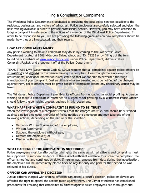 First page of the Police Compliment/Complaint Form