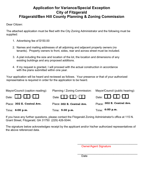 First page of the Application for Variance/Special Exception