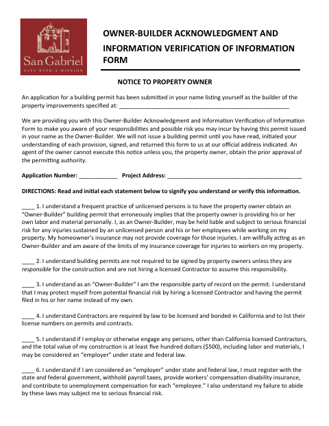 First page of the Owner-Builder Acknowledgment Form