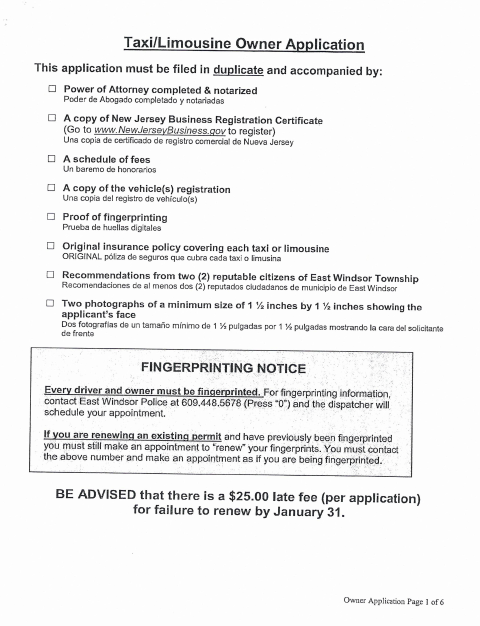 First page of the Taxi/Limousine Owner Application