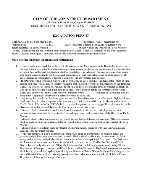 First page of the Street Excavation Permit