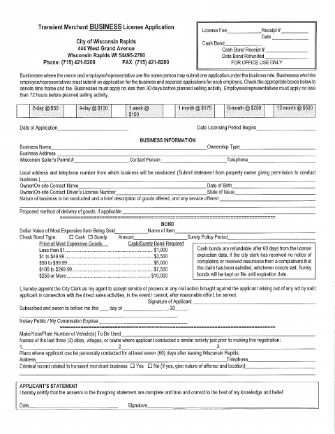 First page of the Transient Merchant Business License Application