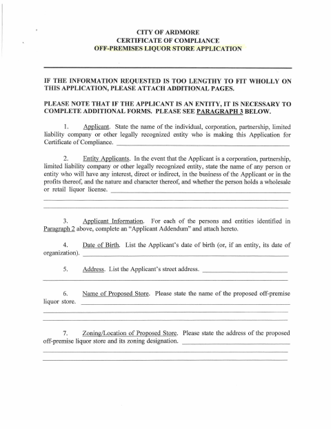 First page of the Off-Premises Liquor Store Application