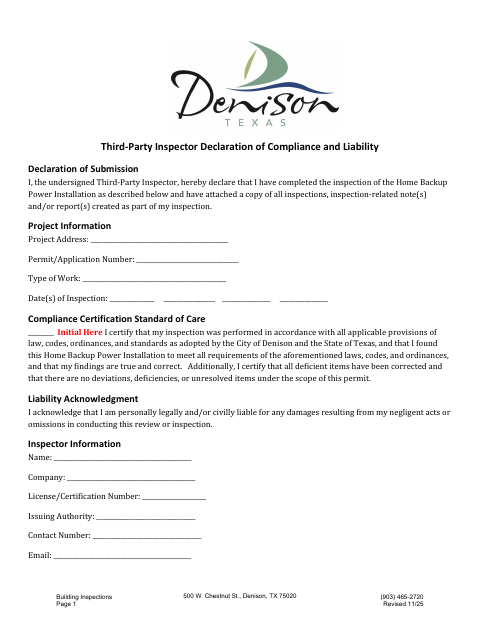 First page of the Third-Party Inspector Declaration for Residential Backup Power