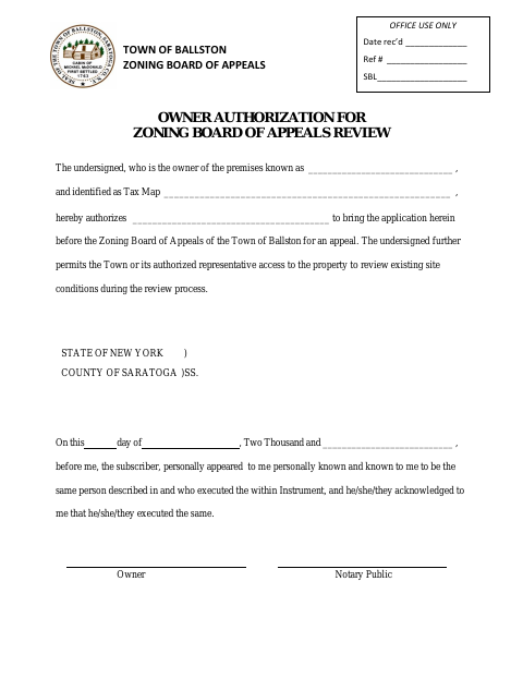 First page of the Owner Authorization for Zoning Board of Appeals Review