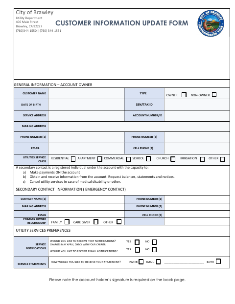 First page of the Customer Information Update Form