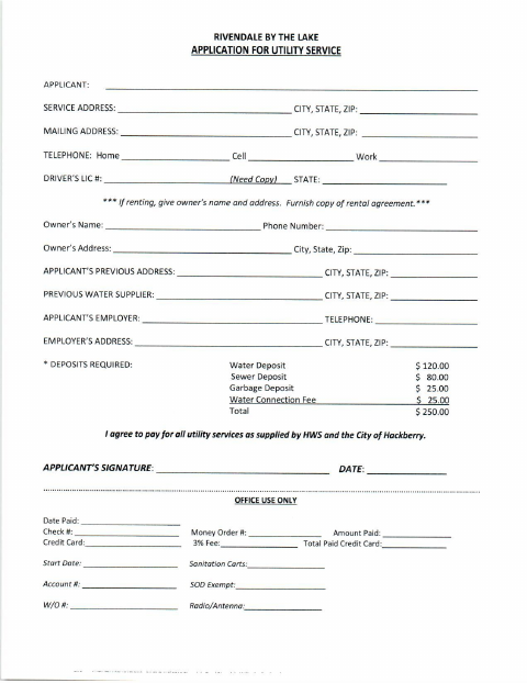 First page of the Rivendale by the Lake Application for Utility Service