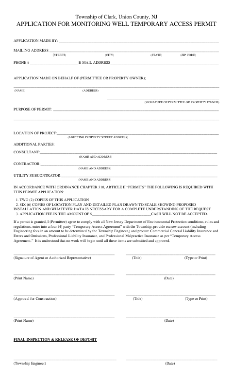 First page of the Application for Monitoring Well Temporary Access Permit