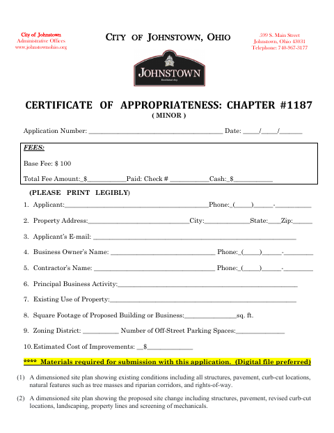 First page of the Minor Certificate of Appropriateness Application