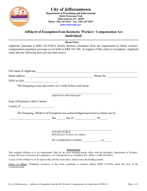 First page of the Workers’ Compensation Exemption Affidavit (Individual)
