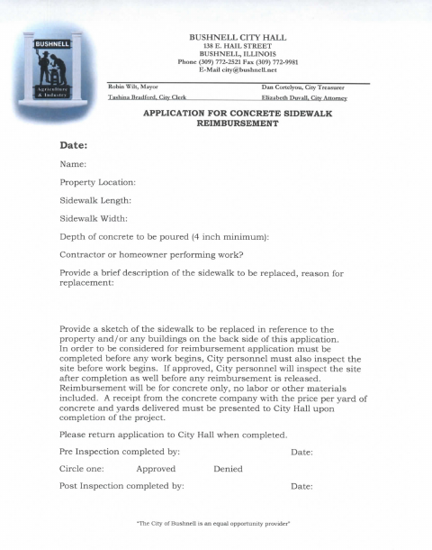First page of the Application for Concrete Sidewalk Reimbursement