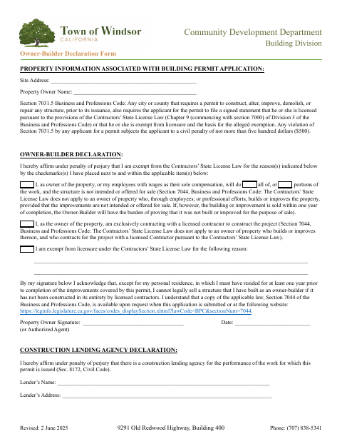 First page of the Owner-Builder Declaration Form