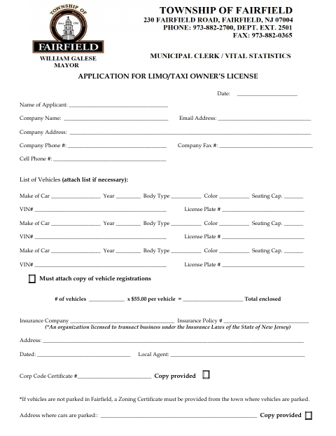First page of the Application for Limo / Taxi Owner’s License
