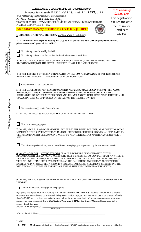 First page of the Landlord Registration Statement