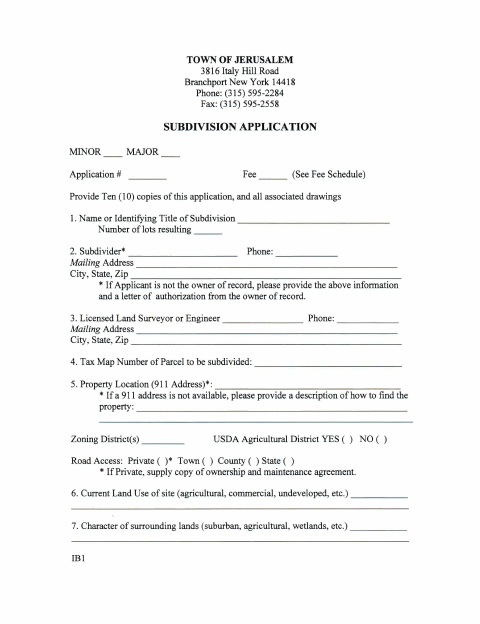First page of the Minor/Major Subdivision Application