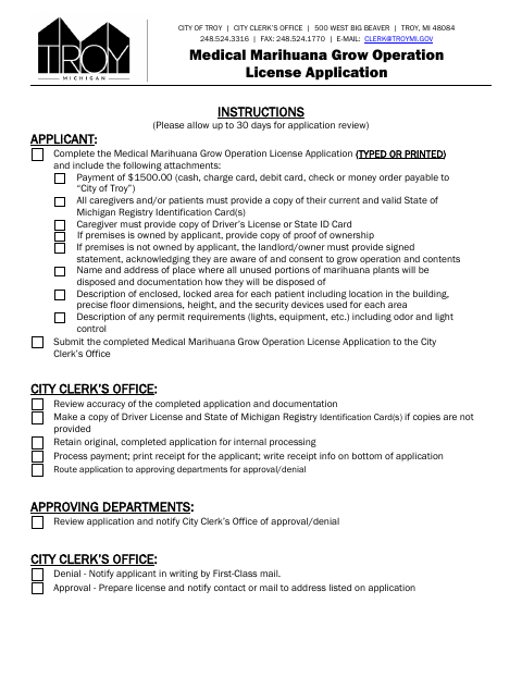 First page of the Medical Marihuana Grow Operation License Application