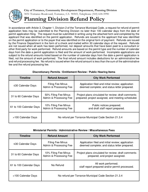 First page of the Planning Division Refund Request Form
